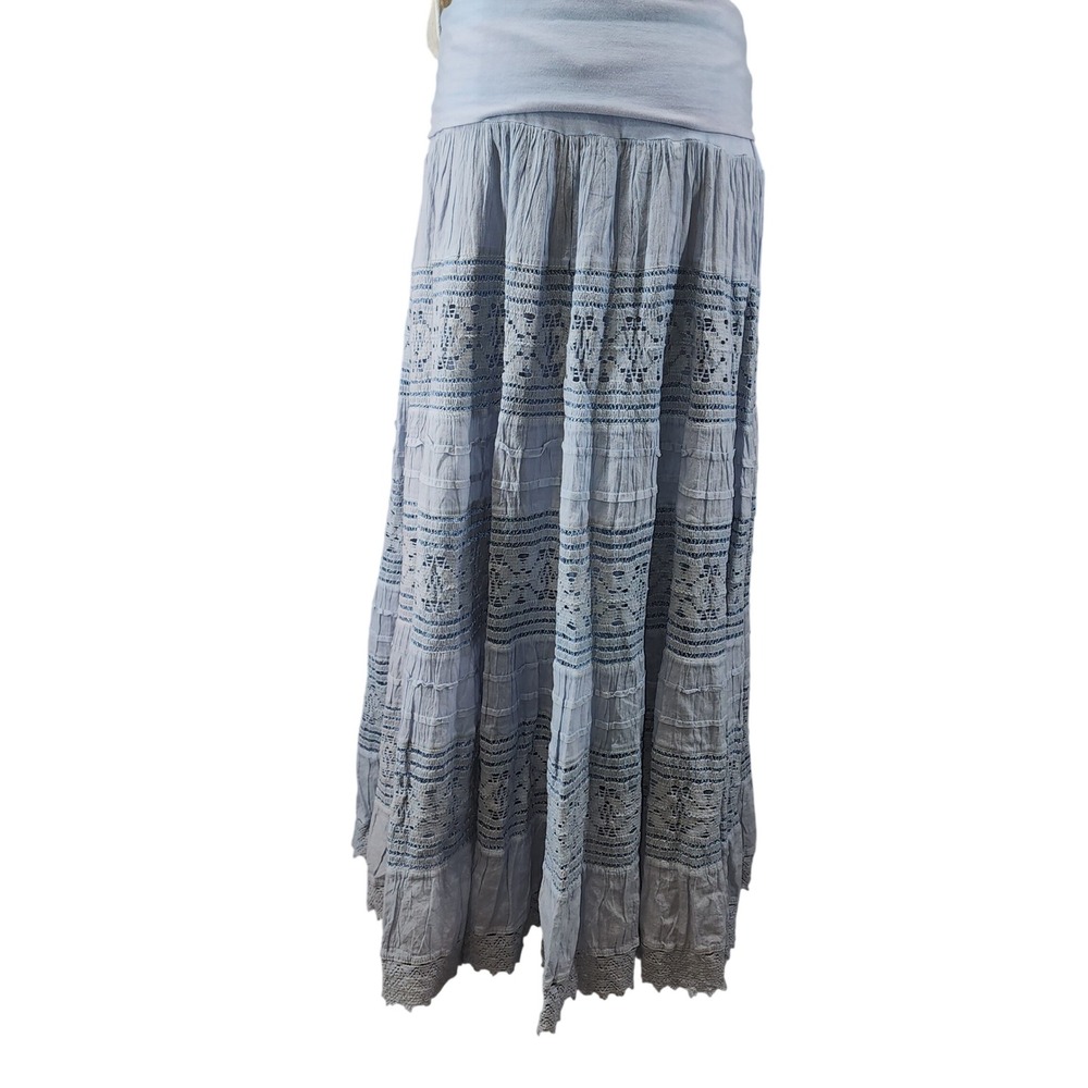 Now &‎ Then Light Blue Lace Tiered Maxi Skirt Boho Cottagecore Style 1238 M